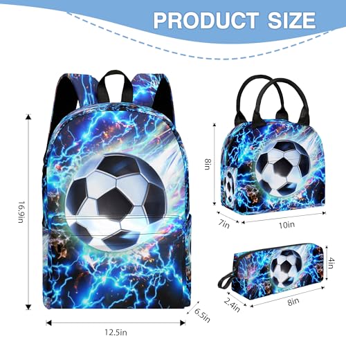 3PCS Backpack for Boys Girls, Kids Backpack Sets with Lunch Bag Pencil Case, Large Capacity 17 Inch Bookpack 3 in 1 Set for Teens Elementary Middle High School Students (Soccer) - color: Blue Soccer