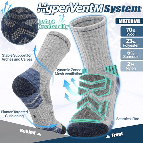 ANTSANG Merino Wool Hiking Socks, Enhanced Breathability, Targeted Cushion Thermal Socks for Men and Women, 5 Pairs - color: Blue/Gray/Black, size: Medium