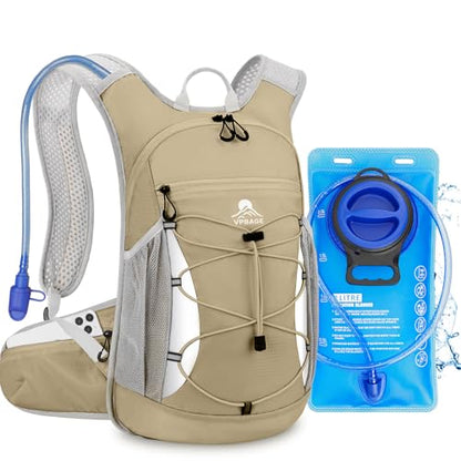Hydration Backpack with 2L Water Bladder - Lightweight 15L Daypack with Phone-Sized Hip Belt Pockets, Anti-Chafe Cotton Edging & No-Bounce Straps - Small Water Backpack for Hiking, Running, Skiing - color: Khaki