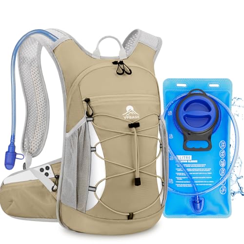 Hydration Backpack with 2L Water Bladder - Lightweight 15L Daypack with Phone-Sized Hip Belt Pockets, Anti-Chafe Cotton Edging & No-Bounce Straps - Small Water Backpack for Hiking, Running, Skiing - color: Khaki