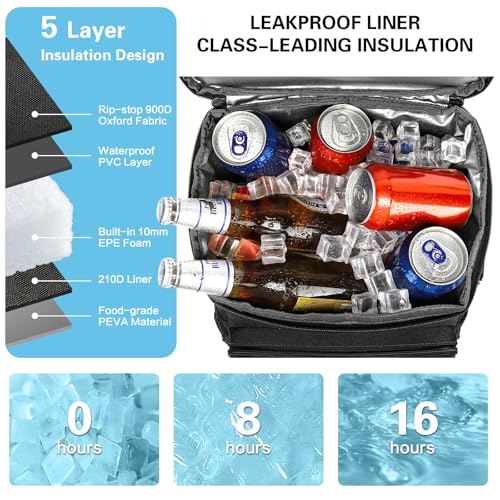 Tactical Cooler Backpack for Men, Double Deck Insulated Cooler Bag 40 Cans, Soft Lunch Backpack with 16H Ice Retention Waterproof Leakproof Picnic Backpack for Work Beach Camping BBQ Hiking - color: Black