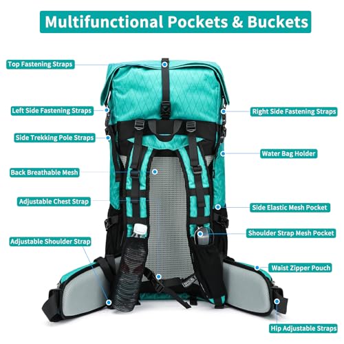 Hiking Backpack,40L to 50L Extra Large Capacity Hiking Bag,Internal Frame Camping Backpack,Upgraded X-PAC Lightweight Sport Daypack Travel Backpack Fit For Mountain Climbing Camping(Peacock Green) - color: Peacock Green