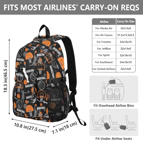 Basketball Rebounds Black Pattern Travel Backpack for Men Women Water Resistant 20L Large Capacity Laptop Backpack Fits 14 Inch Computer Tote Bag for Commute School College Business