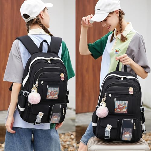 Backpack for Girls with Accessories Laptop Bookbags 16 Inch Kawaii Kids Elementary Middle High School Bag College Travel Daypack Gifts for Teens Women Students (Black) - color: Black