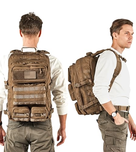 Falko Tactical Backpack for Men and Women 50L Backpack 2.4x Stronger Large Military Molle Rucksack, Bugout Backpack Outdoors - color: Coyote Brown