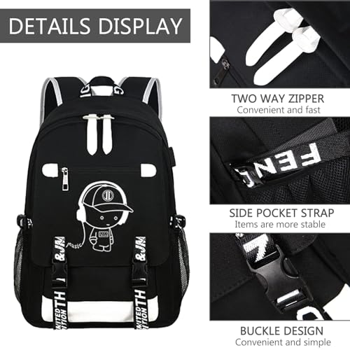 Luminous Pattern Travel Laptop Backpack - Adjustable Shoulder Strap Waterproof Black Backpack With Usb Charging Port & Headphone Port School Backpack Includes Pencil Bag,combination Lock