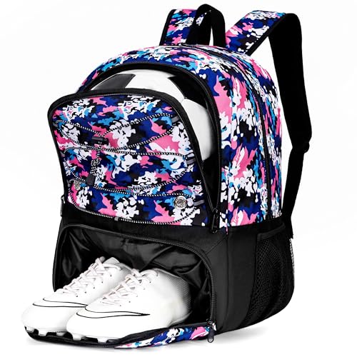 Hsmihair Youth Soccer Bag-Soccer Backpack&Backpack for Football Basketball,with Ball Compartment Separate Cleat Package - color: PinkCamo