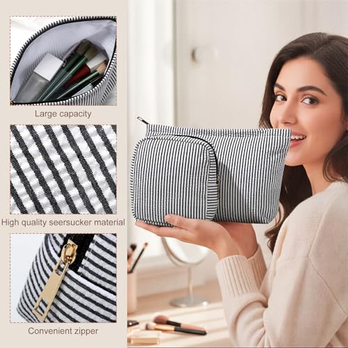 Sanwuta 4 Pcs Seersucker Pouch Cosmetic Bag Set Seersucker Makeup Bag Women Stripe Large Travel Toiletry Organizer Aesthetic Preppy Storage for Embroidery Women Bridesmaid Gifts(Black) - color: Black