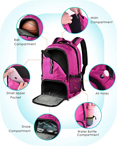 BROTOU Basketball Backpack, Large Basketball Bag with Shoes and Ball Compartment, Soccer Backpacks for Basketball/Volleyball - color: Pink