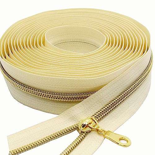 MebuZip #5 Gold Metallic Nylon Coil Zippers by The Yard Bulk Coil Zipper Roll 10 Yards with 25pcs Pulls for DIY Sewing Craft Bags (Beige) - color: Gold Beige