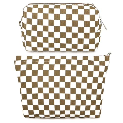 SOIDRAM 2 Pcs Checkered Makeup Bag Large Cosmetic Bag Toiletry Bag Makeup Pouch Travel Bag Organizer Cute Makeup Brushes Aesthetic Accessories Storage Bag for Women Coffee Brown - color: Coffee Brown