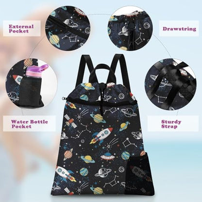 Space Rocket Drawstring Backpack, 15” x 17” Waterproof Swim Bag for Beach Swimming Pool, Lightweight Foldable Gym Bag with Water Bottle Holder for Sports Travel - color: Space Rocket