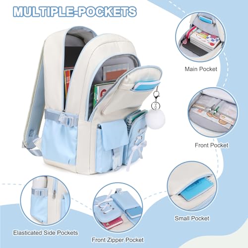 Scothen Backpacks for Girls, Girls Backpack with Lunch Box & Pencil Pouch for Teens Girl Kids Elementary Middle High School College Student Bookbag Daypack Laptop Travel Backpack for Women - color: Beige Blue