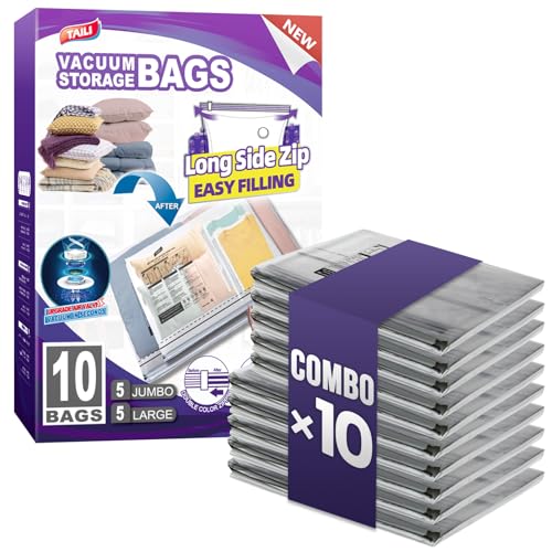 TAILI 10 Pack Vacuum Storage Bags, LONG SIDE ZIP (5 Large+5 Jumbo), Multi-Size Vacuum Seal Bags for Clothing, Storage Bulky Beddings, Comforters and Clothes, Space Saver for Closet Organization - size: 10 Combo