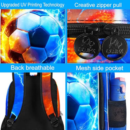 AGSDON 3PCS Soccer Backpack for Boys, 17" Kids Bookbag with Lunch Box for Boy, Flame Thunder Backpacks Water Resistant and Lightweight for Teen - color: Soccer