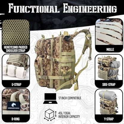 AMERICANPHOENIX 45L Elite Tactical Backpack | 3X Stronger Work & Military Backpack | Water Resistant and Heavy Duty | 3 Day MOLLE Bug Out Bag (Sand Storm) - color: Sand Storm