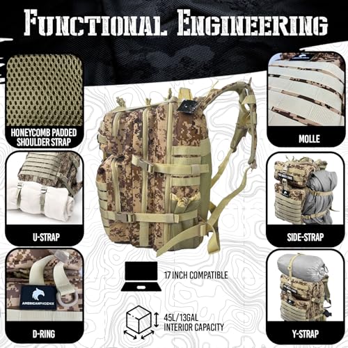 AMERICANPHOENIX 45L Elite Tactical Backpack | 3X Stronger Work & Military Backpack | Water Resistant and Heavy Duty | 3 Day MOLLE Bug Out Bag (Sand Storm) - color: Sand Storm