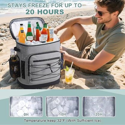 Large 52cans Cooler Backpack, Insulated, Waterproof, Leak Proof, 30L Large Capacity - color: Grey, Black Zipper