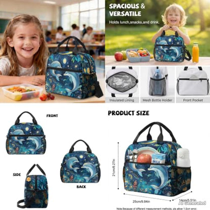 Moon Dolphin Backpack for Girls Kids Backpack with Lunch Box Pencil Pouch and Water Bottle Holder 4 in 1 Cute Backpacks for Girls 17 Inch Lightweight School Bag with Front Pocket - color: Moon Dolphin