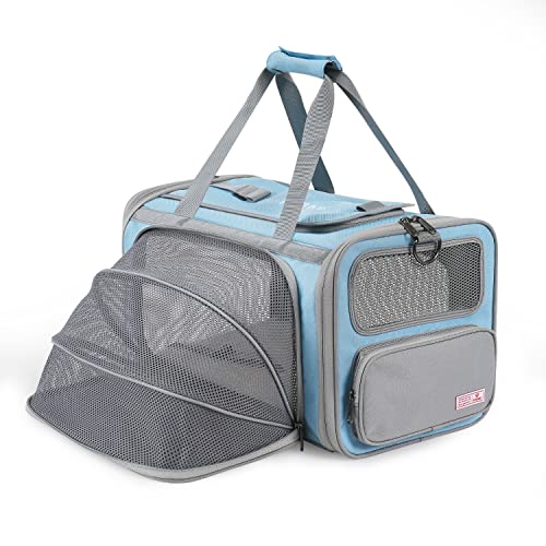 Pawaii Cat Carrier Airline Approved Expandable Breathable Safety Leash | Up to 13 lbs, 16.9 x 10.6 x 10.6 in, QR pet ID tag, top entry, luggage sleeve, soft fleece pad, foldable storage - color: Light Grey and Sky Blue