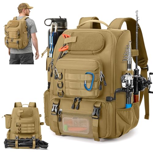 RAINSMORE Fishing Backpack with Rod Holders & Cooler 40L Water Resistant Tackle Backpack with Rain Cover Store Fishing Gear - color: Khaki