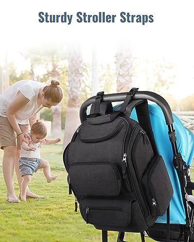 Mancro Diaper Bag Backpack, Multifunctional Dad Diaper Bag with 2 Side Insulated Pockets, Travel Water Resistant Baby Diaper Backpack for Men Women with Stroller Straps, Black - color: Black, size: Large