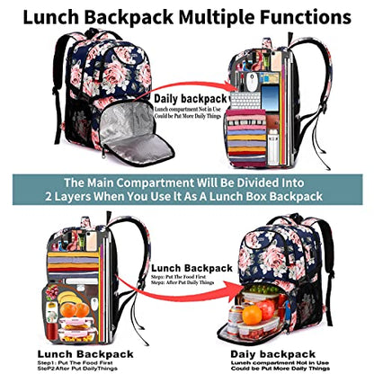 HILUSEN Lunch Cooler Backpack for Women, Extra Large 17 inch Travel Laptop Backpack with USB Charging Port, Water Resistant - color: Blue Pink