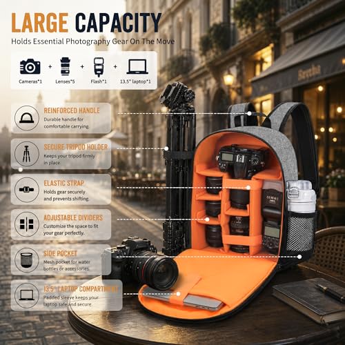 Camera Backpack for Photographers, Professional DSLR Camera Bag - color: Grey