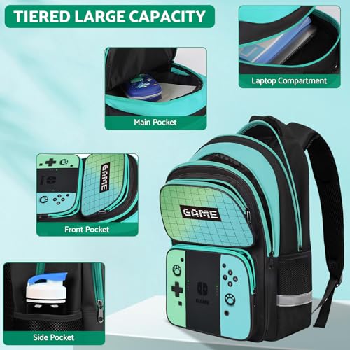 Kids Backpack For Boys，Gamer Boys Backpack For Children Teens Elementary Middle School, 17″ Students Bookbag - color: Backpack Set-sw-green & Blue