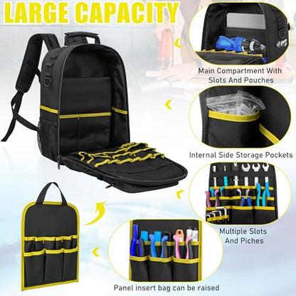 Tool Backpack, Heavy Duty Tool Bag with Padded Shoulder and Removable Tool Organizer, Water-Resistant Work Backpack, for Electrician, Plumber, HVAC, Cable Repairman, Black & Yellow - color: Black & Yellow