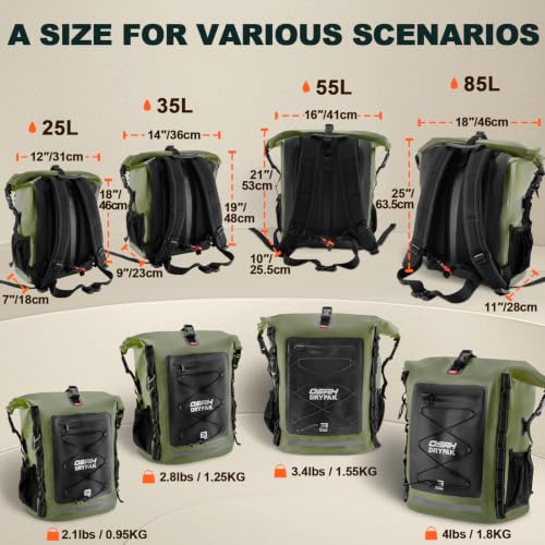 OSAH DRYPAK Waterproof Backpack Dry Bag 35L/55L/85L – Heavy Duty Roll-Top Hiking Backpack for Travel, Kayaking, Boating, Camping, Rafting and Fishing - color: Green, size: 35L