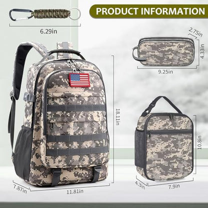 School Backpack for Boys - Camouflage Boys Backpack for Kids Teens Elementary Middle School - 4pcs Camo Students Bookbag with Lunch Box and Pencil Case & Key-chain,18″ Bookbag with Usb Charging Port - color: Camouflage-gray-set 1