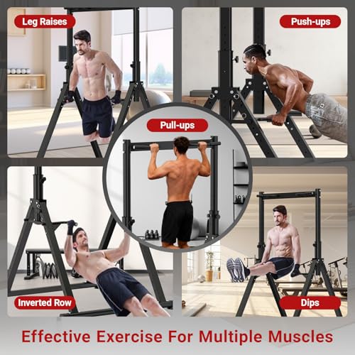 Tappio Folding Power Tower Dip Station Pull Up Bar, Multifunctional Pull Up Tower Adjustable Height, Triangular Structure Strength Training Workout Equipment for Home Gym Fitness