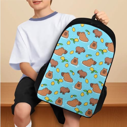 Flashideas Cute Capybara Backpack for School Boys Backpack with Lunch Box Insulated Water Bottle and Water Bottle Bag 4Pcs Set 17" Girls Bookbag with Compartments Sturdy School Bag for Kids Elementary - color: Capybara and Lemon