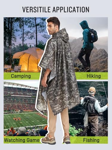 SaphiRose Extra Thick Hooded Rain Poncho Double Layer Waterproof Raincoat Jacket for Men Women Adults - color: Brown Camouflage