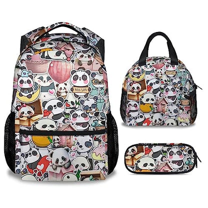 Panda Backpack with Lunch Box And Pencil Case, 16 Inch Panda Theme Bookbag with Adjustable Straps, Durable, Lightweight, Large Capacity, School Backpack for Girls Women - color: Panda4-2