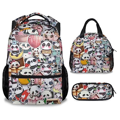 Panda Backpack with Lunch Box And Pencil Case, 16 Inch Panda Theme Bookbag with Adjustable Straps, Durable, Lightweight, Large Capacity, School Backpack for Girls Women - color: Panda4-2