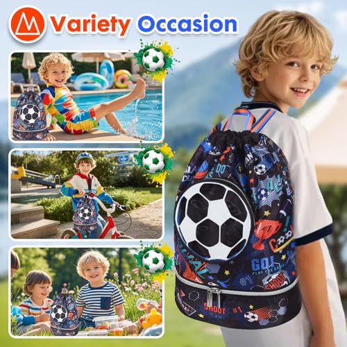 Drawstring Backpack for Kids Girls, Cute Cartoon Football Waterproof Drawstring Bag String Swim Gym Sports Beach Bag with Shoes Compartment and Wet Proof Pocket - color: J08. Soccer
