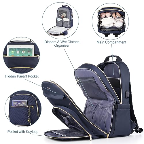 MOMUVO Diaper Bag Backpack, Quilted Baby Bag with Changing Pad & Stroller Straps & Pacifier Case, Large Travel Diaper Bags for Mom Dad, Blue - color: Blue