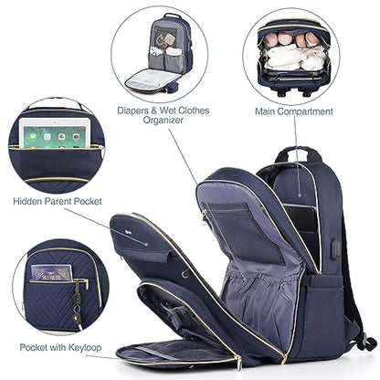MOMUVO Diaper Bag Backpack, Quilted Baby Bag with Changing Pad & Stroller Straps & Pacifier Case, Large Travel Diaper Bags for Mom Dad, Blue - color: Blue