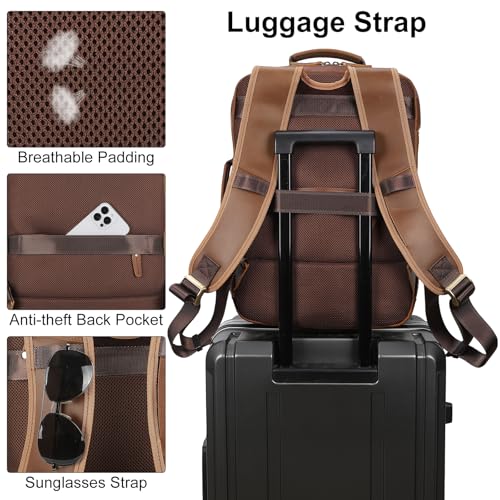 TIDING 17.3 Inch Full Grain Leather Laptop Backpack for Men Multi Pockets Casual Daypack Travel Rucksack - color: Brown