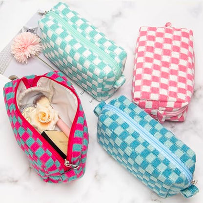 Checkered Makeup Bag for Purse, Small Travel Cosmetic Pouch,Magenta Green - color: Magenta Green