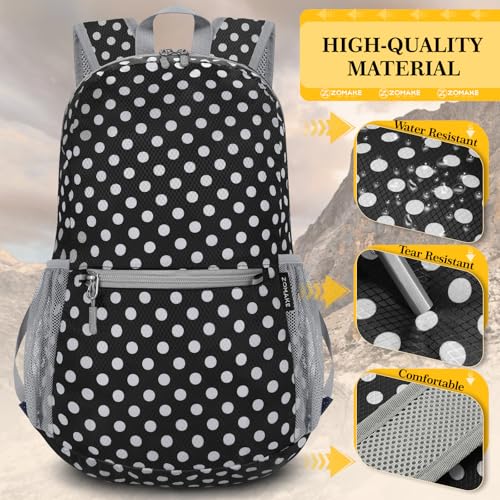 ZOMAKE Ultra Lightweight Hiking Backpack 20L, Packable Small Backpacks Water Resistant Daypack for Women Men(Black,White Polka Dot) - color: Black,white Polka Dot