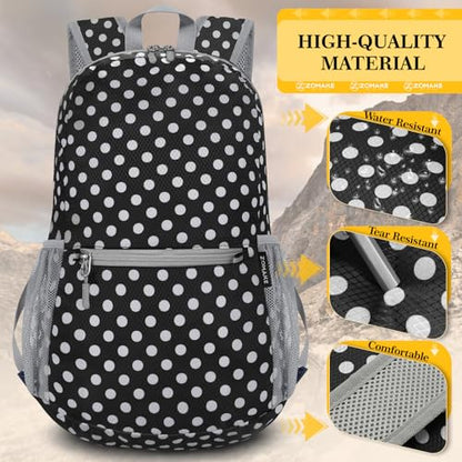 ZOMAKE Ultra Lightweight Hiking Backpack 20L, Packable Small Backpacks Water Resistant Daypack for Women Men(Black,White Polka Dot) - color: Black,white Polka Dot