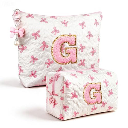 Initial Makeup Bag, Valentines Day Gifts for Women Teens Girls Birthday Gift Personalized Bow Cosmetic Bag, Quilted Cosmetic Travel Toiletry Pouch, Cute Makeup Organizer Teen Girl Gifts Trendy Stuff G - color: G