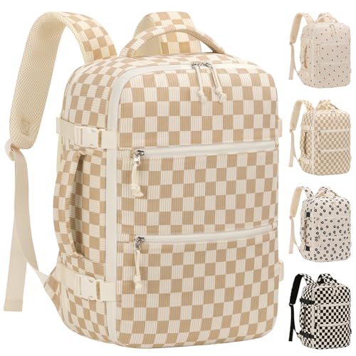 Tenot Corduroy Travel Backpack for Women, 15.6 Inch Womens Laptop Backpack TSA Approved Carry On Backpack, Personal Item Backpack for Travel Work Business, Khaki Checkered - color: Khaki Checkered