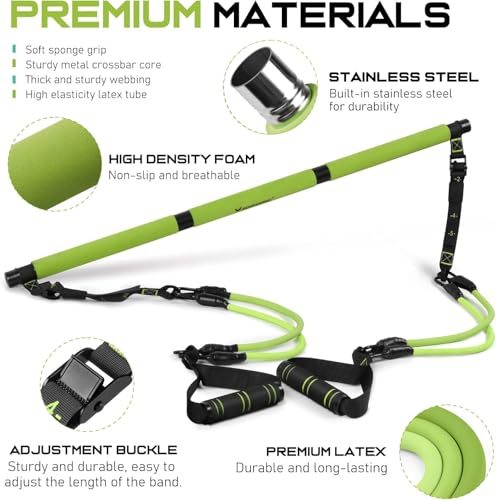 Pilates Bar Kit with Resistance Bands, Multifunctional Pilates Bar for Women & Men with Heavy-Duty Metal Adjustment Buckle, Pilates Home Equipment for Full BodyWorkouts - color: Green