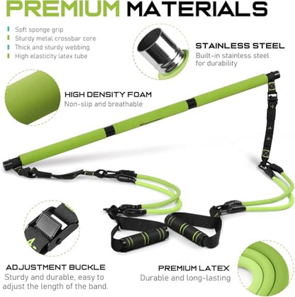 Pilates Bar Kit with Resistance Bands, Multifunctional Pilates Bar for Women & Men with Heavy-Duty Metal Adjustment Buckle, Pilates Home Equipment for Full BodyWorkouts - color: Green