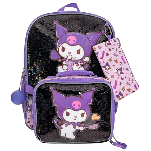 AI ACCESSORY INNOVATIONS Sanrio’s Kuromi 4 Piece Backpack Set, Hello Kitty Kawaii Flip Sequin Girls School Bag with Front Zip Pocket, 2 Side Mesh Pockets, Black & Purple - color: Kuromi
