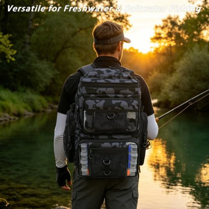 Fishing Backpack with 4 Tackle Boxes, 55L Large Tackle Box Backpack with 4 Rod Holders, Waterproof 900D Tackle Backpacks with Cooler & Clear Gear Windows, Fishing Gifts for Men Women,Camouflage Black - color: Camouflage Black(with 4Boxes)
